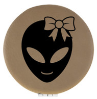 Enthoozies Happy Female Alien Light Brown Laser Engraved Leatherette Compact Mirror - Stylish and Practical Portable Makeup Mirror - 2.5 Inch Diameter