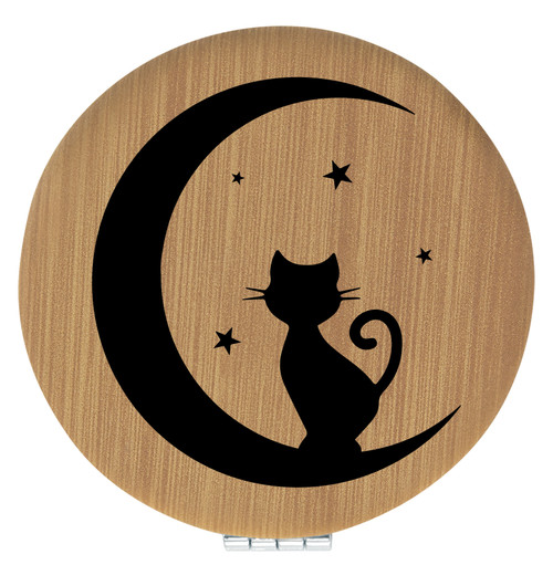 Enthoozies Kitty Cat on the Moon Bamboo Laser Engraved Leatherette Compact Mirror - Stylish and Practical Portable Makeup Mirror - 2.5 Inch Diameter