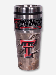 Texas Tech Metallic Double T Red Raiders Emblem on Camo Travel Tumbler
