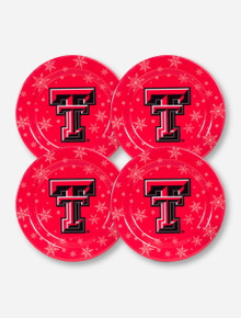 Set of 4 Texas Tech Double T with Snowflakes on Red Plates