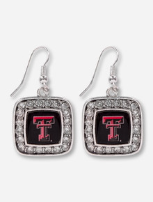Texas Tech Red Raiders Double T Surrounded by Rhinestones Square Silver Earrings