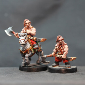 Dwarven male adventurer with great axe on foot and mounted