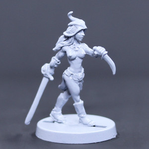 Female Red Man advancing with sword and dagger