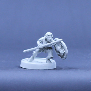 Amazon adventurer crouched with spear and shield