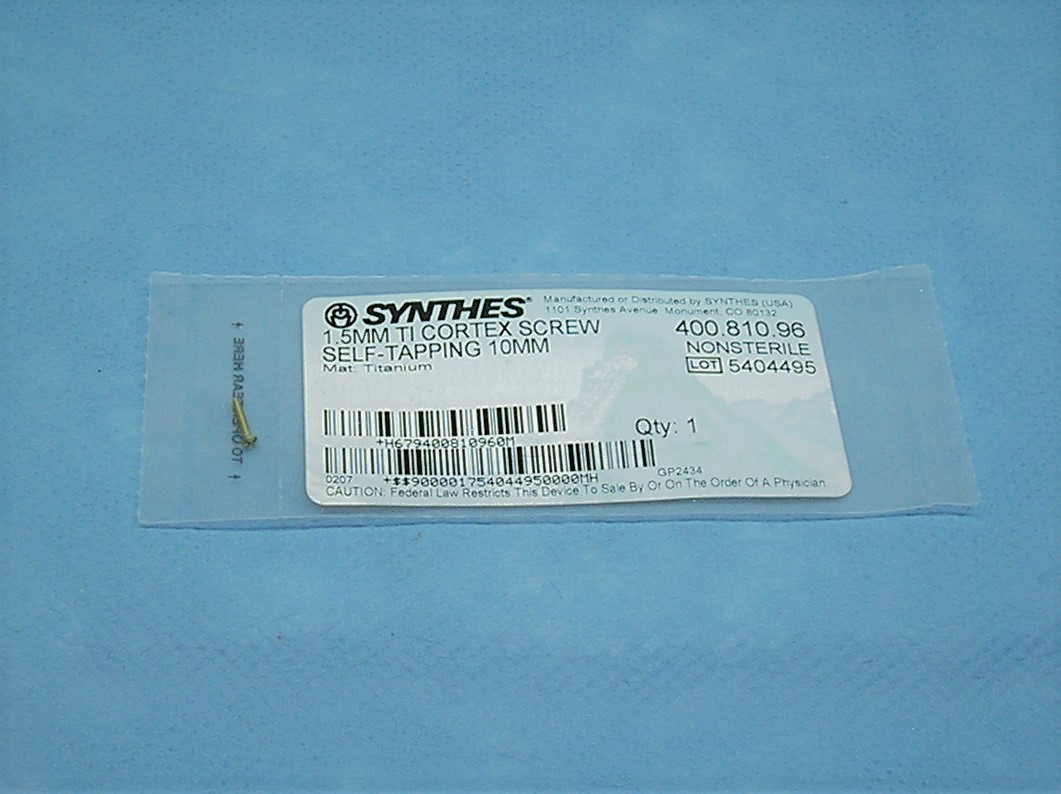 Synthes 400.810.96 1.5mm Titanium Cortex Screw, Self Tapping, 10mm - DA ...