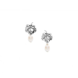 Grape Leaf Post Earrings with Fresh Water Pearl Drops in Sterling Silver