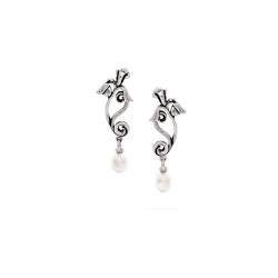 Silver Iris Flower Post Earrings with Fresh Water Pearls