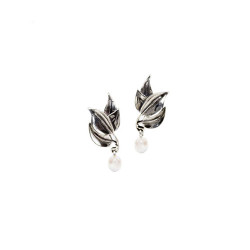 Silver Maile Leaf Post Earrings with Pearls