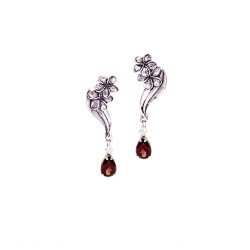 Plumeria Two Flower Silver Post Earrings with Gemstones