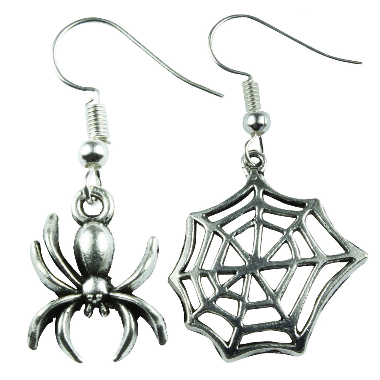 TFB Silver Spider & Cobweb Dangle Earrings | The Funky Barcode