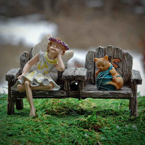 Miniature Grey Dragonfly Bench with Fairy Hattie and Tangles the Kitten