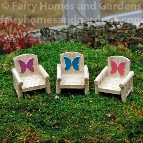 Miniature Fairy Garden Chairs Adorned with Fairy Wings in Pink, Teal, and Purple