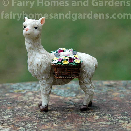 Miniature Llama Carrying Baskets of Flowers Figurine