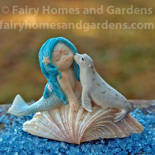 Blue-Haired Mermaid with Baby Seal Collectible Figurine