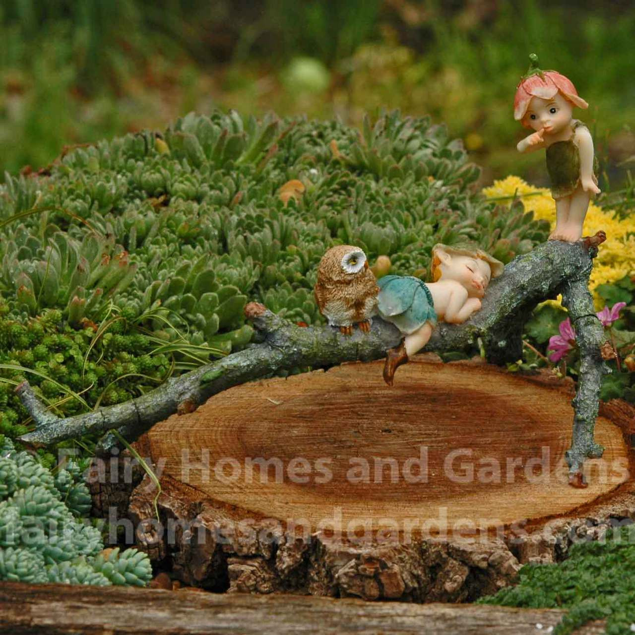 Miniature Figurine FAIRY GARDEN ~ Garden Sprites with Owl on Tree Branch ~ NEW
