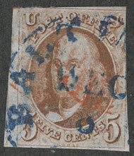 #   1 VF, blue and red cancels, almost four margins, Nice!