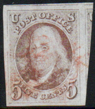 #   1 VF/XF JUMBO, w/PSE (GRADED 85 JUMBO (2006)) CERT, a super stamp with huge margins and parts of 3 stamps, Nice light red cancel.  This stamp looks a bit better then the 85 JUMBO assigned by the PSE, A GEM!
