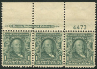 # 300 VF/XF OG NH, Top Imprint and Plate Number Strip of 3, Fresh!