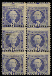 # 115 Block of 6, Ave OG Hr, huge catalog value of over $24000, large multiples are scarce, middle left stamp large thin, top left thin, VERY RARE!