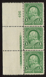 # 279 F/VF OG NH/VLH plate strip of 3,  Top stamp is VLH, others NH, Nice