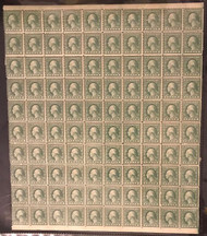 # 538 1c Washington, sheet of 100, RARE IMPERF MARGIN VARIETY,  7 stamps hinged, commonly collected as a full sheet due to its normal 170 format,   VEY NICE!
