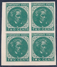 Confed #14 Reprint in Emerald Green, TWO CENTS, Corner Block, no gum