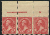 # 250 F-VF OG  2NH, 1 LH, Plate Strip of 3, top, bold color!