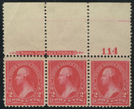 # 250 F-VF+ OG NH, Plate Strip of 3, large top, lovely!