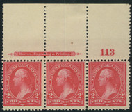 # 250 F-VF+ OG VLH, stamps are NH, Plate Strip of 3, very large top, fresh color!