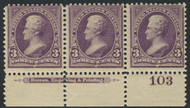# 268 F/VF OG 2 NH, 1 H, Plate Strip of 3, bold color!