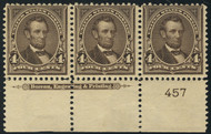 # 269 F-VF OG 1 NH, 1 Hr, 1 VLH, Plate Strip of 3, fresh impression!
