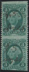 #R 19b F/VF, Pair, Telegraph, nice cancels, part perf, light crease top stamp, Rich color!
