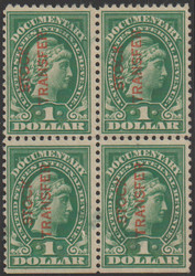 #RD 11 F-VF, faint cancel, block of 4, very rare cancel, tock transfer overprint, Robust color!