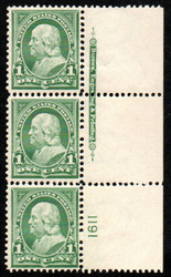 # 279 VF OG 2 NH, 1 H, Plate Strip of 3, great color!