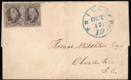 #   1 XF pair of singles on cover, stamps are XF-SUPERB, nice four margin copies, blue "Philada, Pa" cancels, SELECT COVER!