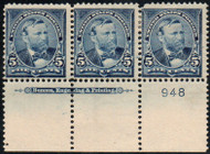 # 281 F-VF OG 2 Hr, 1 VLH, Plate Strip of 3, Nice!