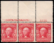 # 319 F-VF OG NH, Plate Strip of 3, large top, faint crease, Bold color!