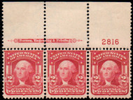 # 319 VF+ OG 2 NH, center H, Plate Strip of 3, large top, Awesome!