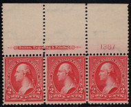 # 279B F-VF OG 1 NH, 2 H, Plate Strip of 3, large top, Rich color!
