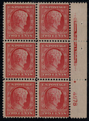 # 369 F/VF OG H, Plate Block of 6, bottom two stamps never hinged, others very lightly hinged,  RARE PLATE BLOCK