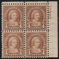 # 585 VF OG 2 right stamps XF NH, 2 LH, Plate Block of 4, rich color!