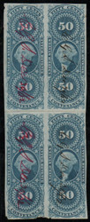 #R 54a VF, Block of 4 (two matching pairs), red and black cancels, small tear, vivid color!