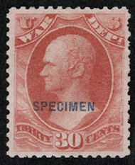 #O 92s VF mint NH, no gum as issued, SPECIMEN OVERPRINT, fresh color, one nibbled perforations which is normal on these Specimen Overprints, only 104 issued, Nice!