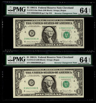 $  1.00 1981A 64 EPQ Reverse Changeover note. Consecutive serial #'s. Error pair.