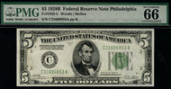 $  5.00 1928B PMG 66 Gem Uncirculated. Exceptional paper quality!