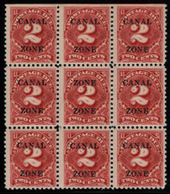 Canal Zone #J19a F/VF OG H, DOUBLE "ZONE ZONE" middle stamp in a block of 9, tropicalized gum, only 15 copies are known,  SUPER RARE!