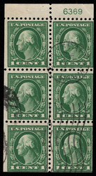 # 424d Fine+, Booklet Pane of 6 w/ plate number, town cancels, bold color!