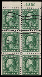 # 424d F-VF, Booklet Pane of 6 w/ plate number, wavy line cancels, rich color!