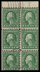 # 424d F-VF, Booklet Pane of 6, wavy line and town cancels, nice!