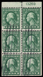 # 498e F-VF, Booklet Pane of 6 w/ plate number, line cancels, robust color!